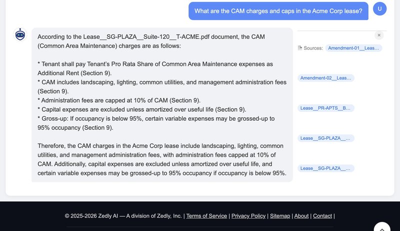 Zedly AI extracting CAM charges from a lease agreement showing admin fees capped at 10%, landscaping, utilities, and gross-up provisions