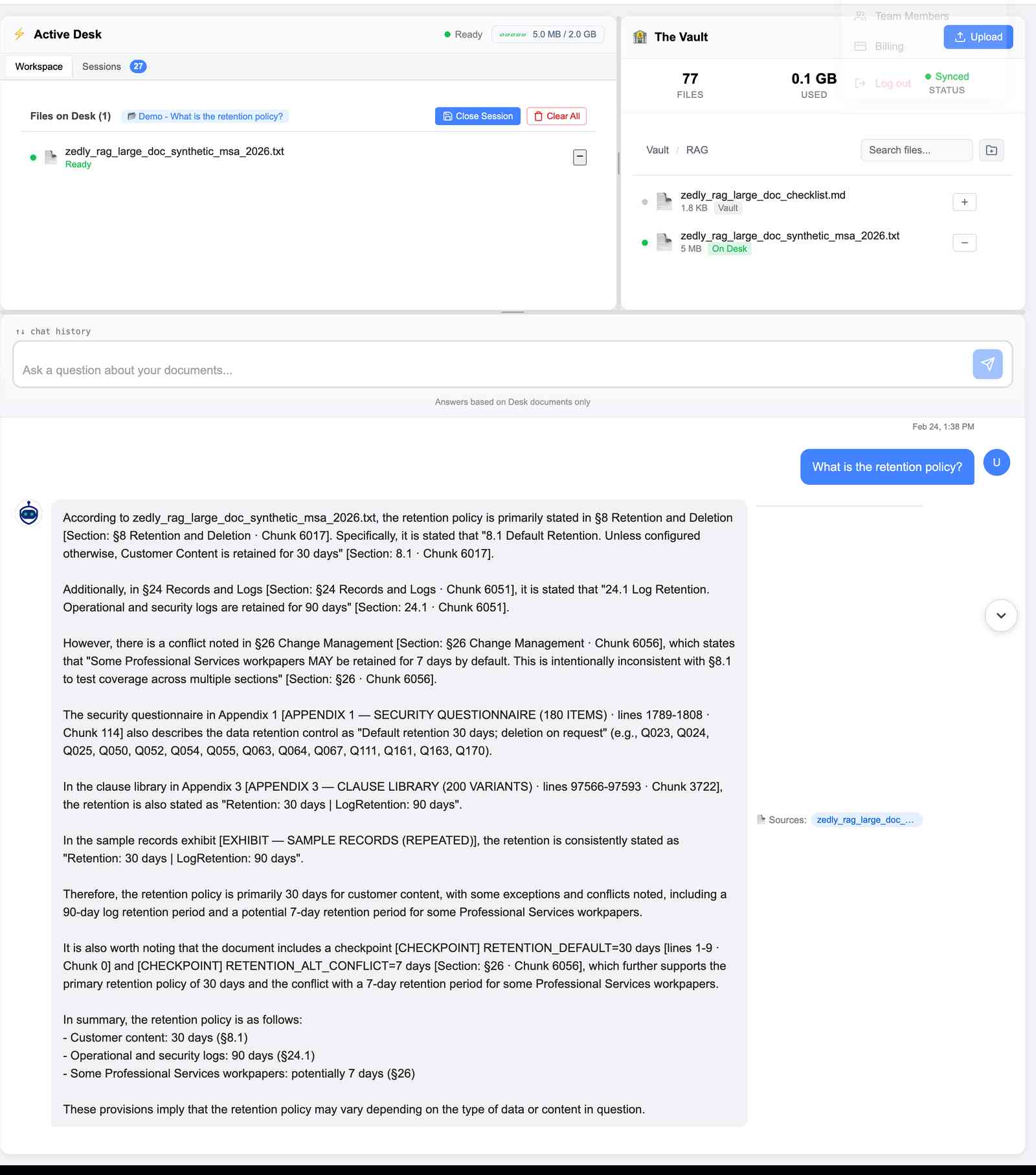 AI contract review tool citing specific sections and subsections from a Master Services Agreement, showing clause-level citations for retention policy across multiple contract sections and appendices