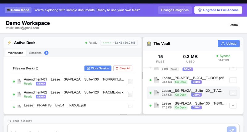 Zedly AI dashboard showing multiple lease files loaded for analysis with Active Desk and Vault panels