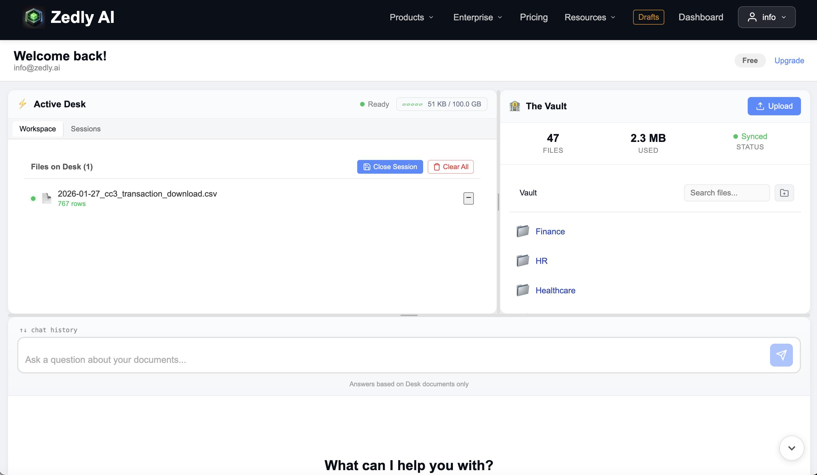 Zedly AI dashboard showing the Vault with folders, Active Desk with a file, and AI Chat interface